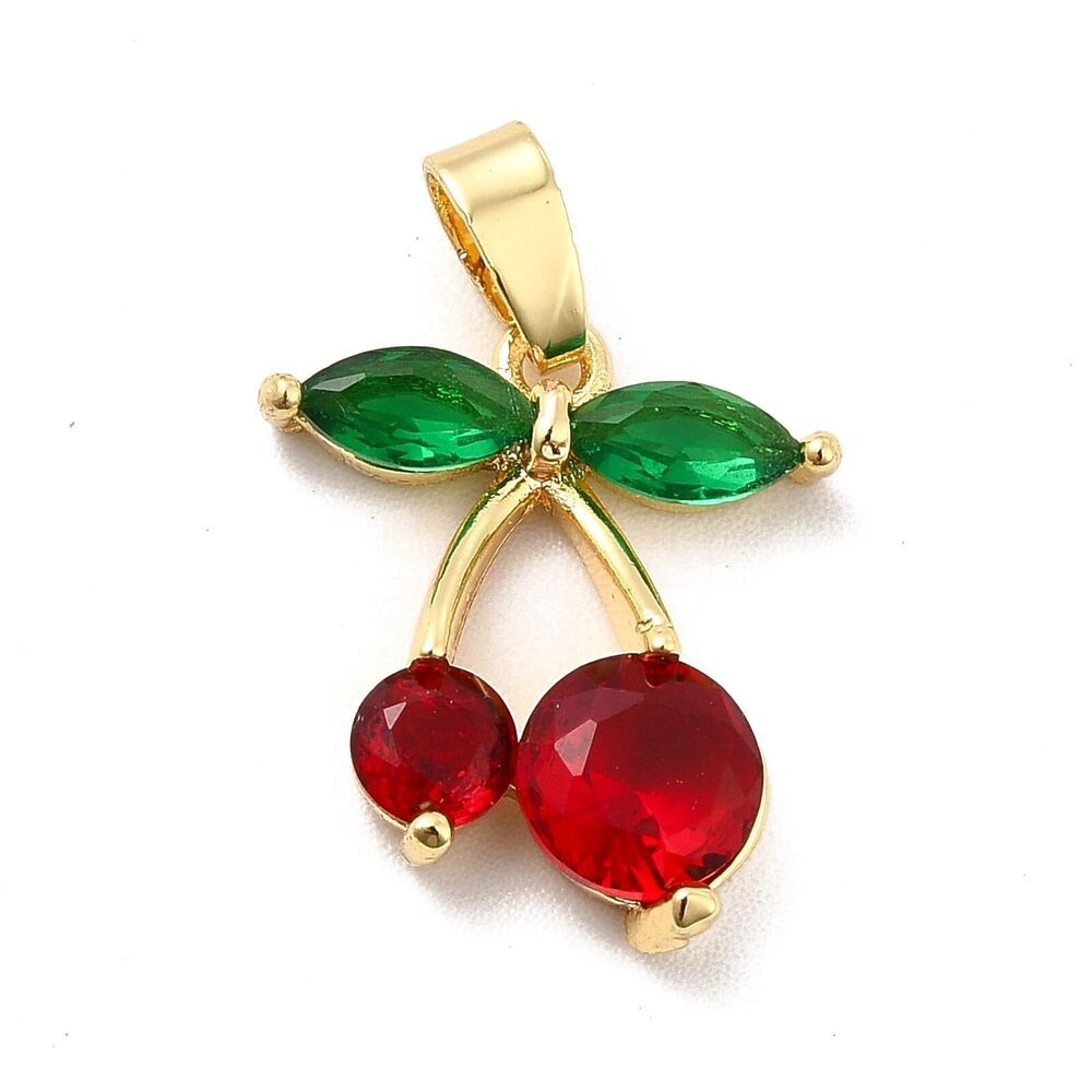 7999 5Pcs Rhinestone Cherry Charms 18K Golden Cubic Zirconia Red Cherry